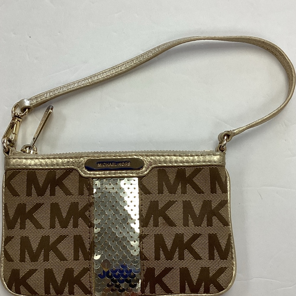 Michael Kors Tan and Gold Logo Wristlet